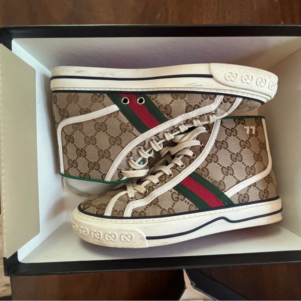 Gucci Brown Monogram High-Tops with Green and Red Accents
